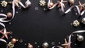 Christmas frame. Black Xmas background with cooper and silver color decorations, tinsel, confetti, stars, balls. Flat lay, top Royalty Free Stock Photo