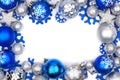 Blue and silver Christmas ornament frame over white Royalty Free Stock Photo