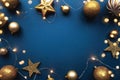 Christmas frame border with golden balls, stars, ribbon on blue background Royalty Free Stock Photo