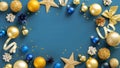 Christmas frame border with golden balls, stars, ribbon on blue background. Flat lay, top view, copy space. Xmas banner mockup, Royalty Free Stock Photo