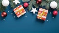 Christmas frame border top view on blue background. Flat lay Christmas gift boxes wrapped festive paper, white and red baubles, Royalty Free Stock Photo