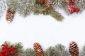 Christmas frame border on white, branches, cones and red berries