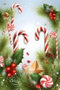 Christmas frame with branches, pine, rowan, white and red sticks, pine cones Royalty Free Stock Photo