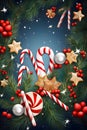 Christmas frame with branches, pine, rowan, white and red sticks, pine cones Royalty Free Stock Photo