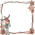 Christmas frame with cartoon illustration, dry twigs and pine cones.