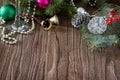 Christmas frame. Christmas tree branches and Christmas bells Royalty Free Stock Photo