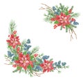 Christmas frame with poinsettia, greenery, spruce, pine tree twig and holly berries. New Year design decoration garland. Isolate Royalty Free Stock Photo