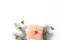 Christmas frame composition. Christmas gift, pine branch, red balls, envelope, white wood snowflakes, ribbon and red berries. Top Royalty Free Stock Photo