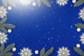 Christmas frame composition, twigs and snowflakes, sun beam, on a blue background and snow, copy space, top view