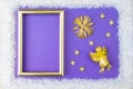 Christmas frame consists of a white embellishments: snowflakes, reindeer, angel flight and gift boxes on blue