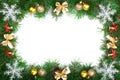 Christmas frame decorated with bows and balls isolated on white background with copy space for your text. Top view. Royalty Free Stock Photo