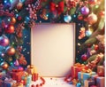 Christmas frame decorated by colorful ornaments, gifts, and twinkling lights Royalty Free Stock Photo