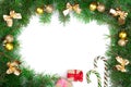 Christmas frame decorated with golden bows and balls isolated on white background with copy space for your text. Royalty Free Stock Photo