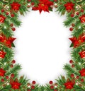 Christmas frame decorations with poinsettia, fir tree, holly berries and decorative golden ribbons. Design element for Xmas Royalty Free Stock Photo