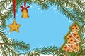 Christmas Frame. Fir Branch, Gingerbread and Toys Royalty Free Stock Photo