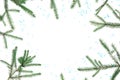 Christmas frame of fir branches with blue snowflakes on white background. Flat lay Royalty Free Stock Photo