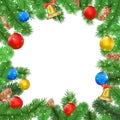 Christmas frame with fir tree branches, pine cone, bell, bow and red, blue, yellow balls, confetti. Royalty Free Stock Photo