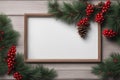 Christmas frame with fir tree branches and red baubles on wooden background. Generative AI Royalty Free Stock Photo