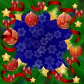 Christmas frame. Fir wreath, decorations, balloons, ribbons.