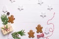 Christmas frame with gingerbread cookies, Christmas tree, pine cones, toys. Copy space for text. winter holidays. Royalty Free Stock Photo