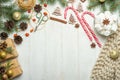 Christmas frame with gingerbread cookies, Christmas tree, pine cones, toys. Copy space for text. Autumn winter holidays Royalty Free Stock Photo