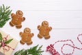 Christmas frame with gingerbread cookies, Christmas tree, pine cones, toys. Copy space for text. winter holidays. Royalty Free Stock Photo