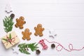 Christmas frame with gingerbread cookies, Christmas tree, pine cones, toys. Copy space for text. winter holidays.
