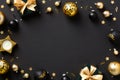 Christmas frame with gold and black balls, decorations, gift boxes, confetti. Luxury Christmas greeting card template, New Year Royalty Free Stock Photo