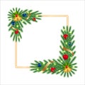 Christmas frame with golden ribbon and jingle bell. Xmas Corner with pine leaves and decoration ball. Christmas corner, Xmas Royalty Free Stock Photo