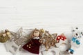 Christmas frame of golden toys. ornament border on white rustic Royalty Free Stock Photo