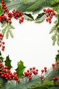 Christmas frame with holly berries and leaves,fir tree branches on white background, closeup, top view Royalty Free Stock Photo