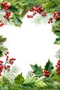 Christmas frame with holly berries and leaves,fir tree branches on white background, closeup, top view Royalty Free Stock Photo