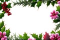 Christmas frame of holly and pink poinsettia on a white background. Generative AI Royalty Free Stock Photo