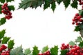 Christmas frame of holly with red berries on a white background. Generative AI Royalty Free Stock Photo