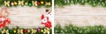 Christmas frame made of fir branches decorated with balls, bows, candy canes and boxes on a light wooden background Royalty Free Stock Photo