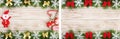 Christmas frame made of fir branches decorated with snowflakes and bows on a light wooden background Royalty Free Stock Photo