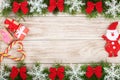 Christmas frame made of fir branches decorated with snowflakes and red bows on a light wooden background Royalty Free Stock Photo