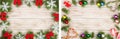 Christmas frame made of fir branches decorated with snowflakes and red bows on a light wooden background Royalty Free Stock Photo