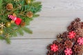 Christmas frame made of fir branches, red berries. Christmas wallpaper. Flat lay, top view, copy space Royalty Free Stock Photo