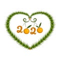 Christmas frame made of fir branches in the shape of a heart. New Year 2020 made of tangerines