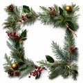 Christmas frame made of green fir and tree branches red berries and pine cones on white background,AI generated Royalty Free Stock Photo