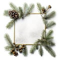 Christmas frame made of green fir and tree branches red berries and pine cones on white background,AI generated Royalty Free Stock Photo