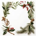 Christmas frame made of green fir and tree branches red berries and pine cones on white background,AI generated Royalty Free Stock Photo