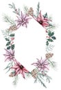 Christmas frame made of ilex branches with red berries, poinsettia flower, snowberry, spruce, dusty miller, pine cone Royalty Free Stock Photo