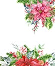 Christmas Frame with Poinsettia, Greenery and Sweets Hand Painted Watercolor Illustration, Floral Frames Watercolor