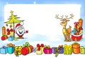 Christmas frame with Santa Claus, sleights many gifts and reindeer Royalty Free Stock Photo