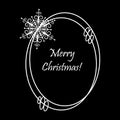 Christmas frame with snowflakes. Oval festive border with text Merry Christmas White contour drawing on black background. Merry Royalty Free Stock Photo