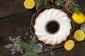 Christmas frame. Traditional homemade lemon cake with poppy filling. Dessert Christmas decoration Royalty Free Stock Photo