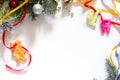 Christmas frame. Christmas tree branches and Christmas toy from the salty dough Royalty Free Stock Photo