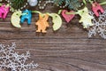 Christmas frame. Christmas tree branches and Christmas toys made of of salt dough Royalty Free Stock Photo